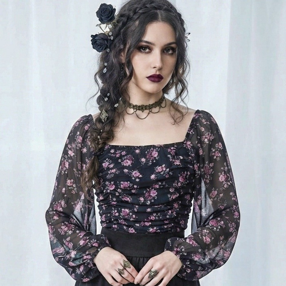 NEW Black Floral Bodysuit Sz S Ruched Fairy Grunge Whimsigoth Witchy Halloween